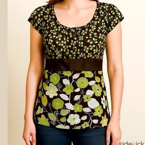 Apt. 9 Y2K VTG Lime Green Brown Ditsy Floral Cap Sleeves Satin Brown Tie Top S